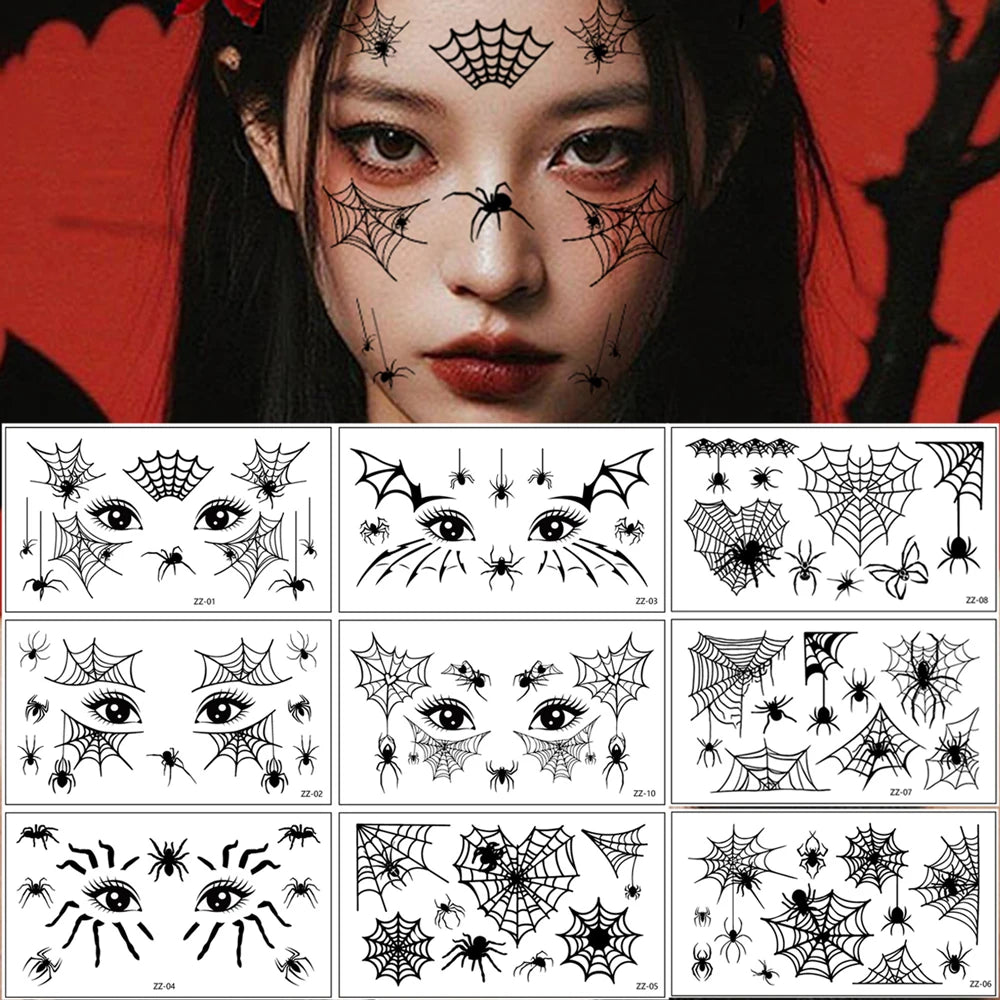 Halloween 10pcs Spider Tattoo Stickers Spider Web Fake Tattoo for Women Men Eyebrow Face Makeup