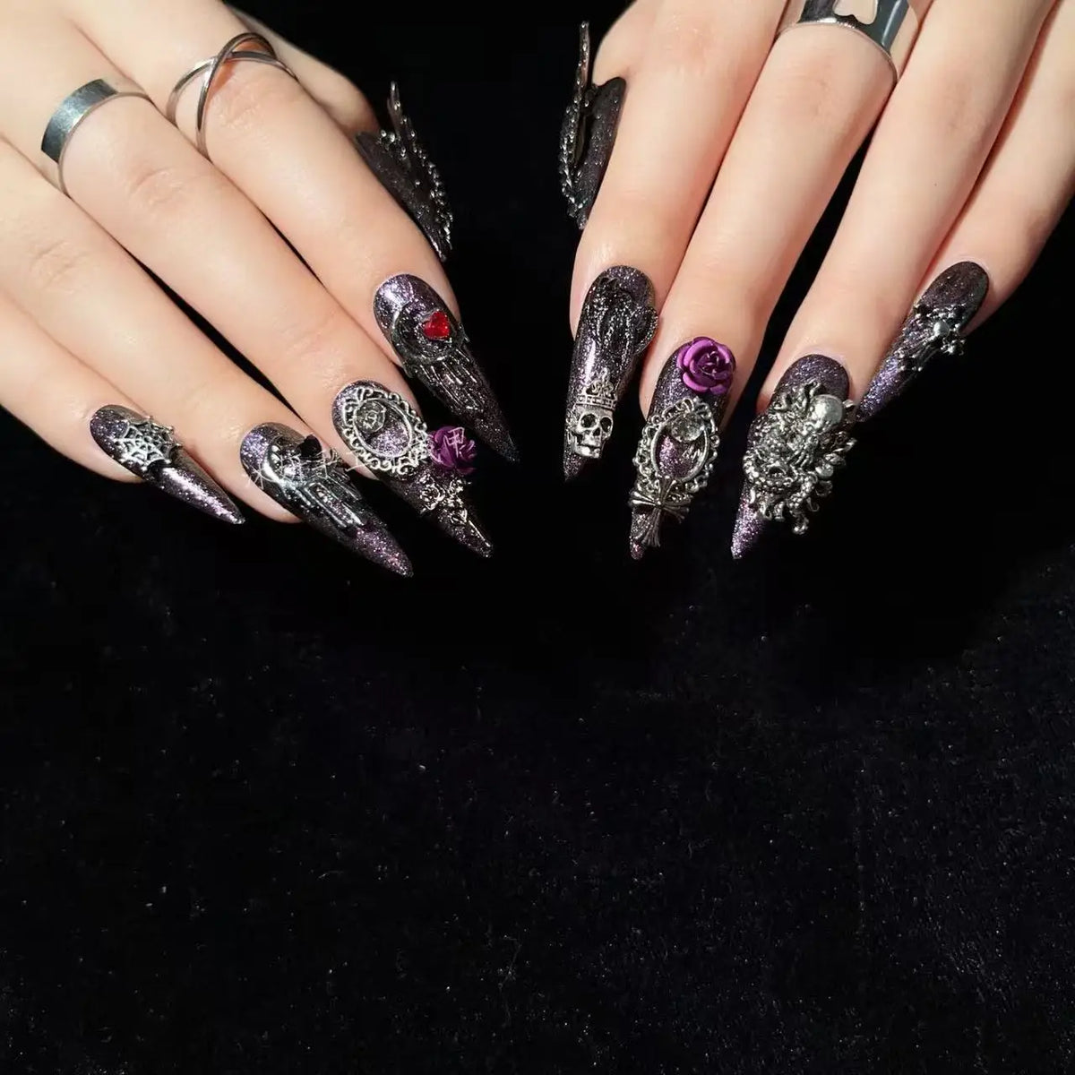Halloween 10pcs Gothic Press On Nails with 3D Skull Wings & Purple Roses, Deep Purple Holograph