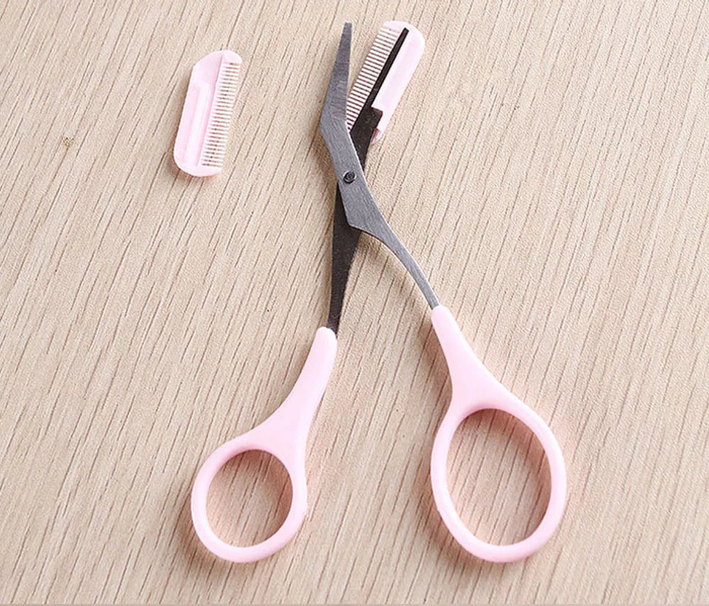Pink precision eyebrow scissors with integrated comb