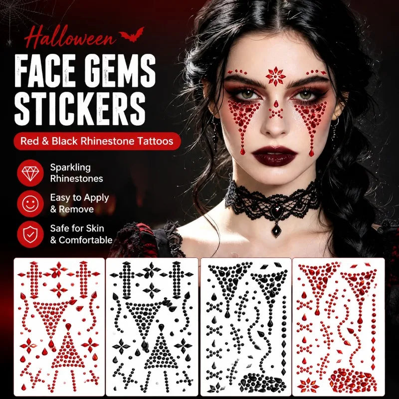 Halloween Face Rhinestone Stickers Red Black Spider Web Cross Scar Self-adhesive Gem Decals Hor