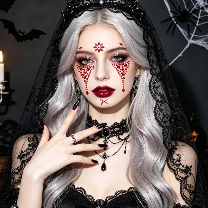 Halloween Face Rhinestone Stickers Red Black Spider Web Cross Scar Self-adhesive Gem Decals Hor