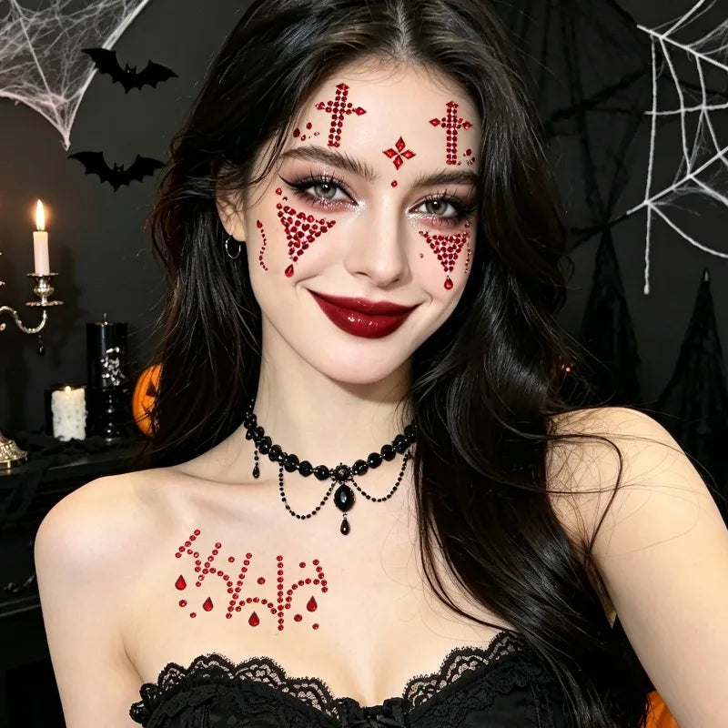 Halloween Face Rhinestone Stickers Red Black Spider Web Cross Scar Self-adhesive Gem Decals Hor