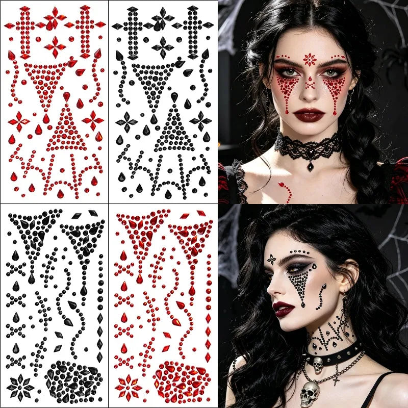 Halloween Face Rhinestone Stickers Red Black Spider Web Cross Scar Self-adhesive Gem Decals Hor