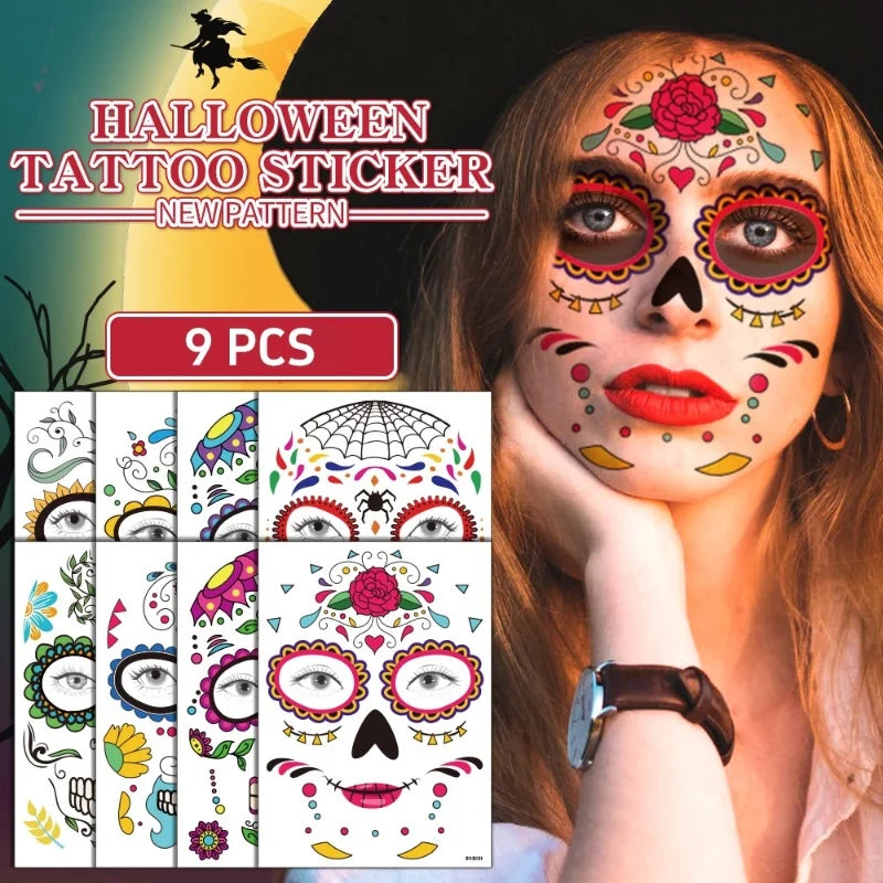 Halloween 9pcs Skull Ghost Face Stickers Waterproof Temporary Spooky Tattoos Facial Makeup Hall