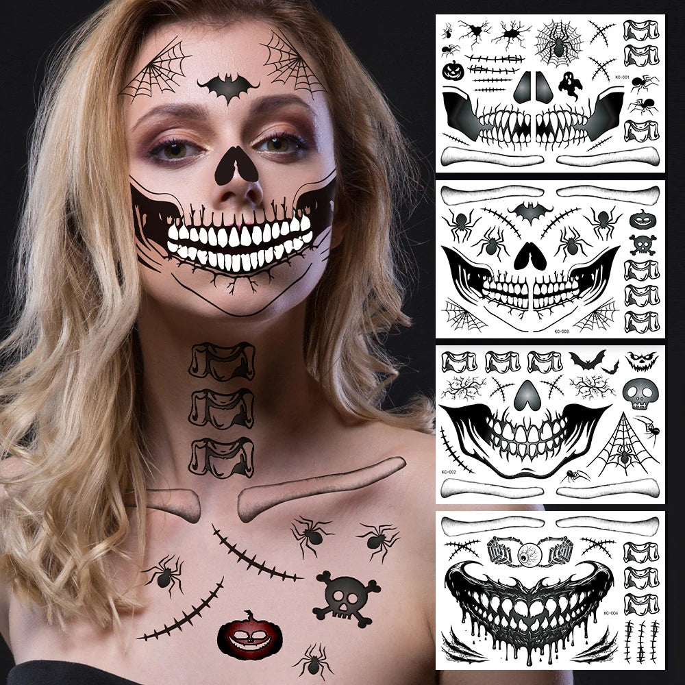 Halloween 4PCS Sets Halloween Horror Skeleton Face Stickers Tattoo Temporary Waterproof Devil M
