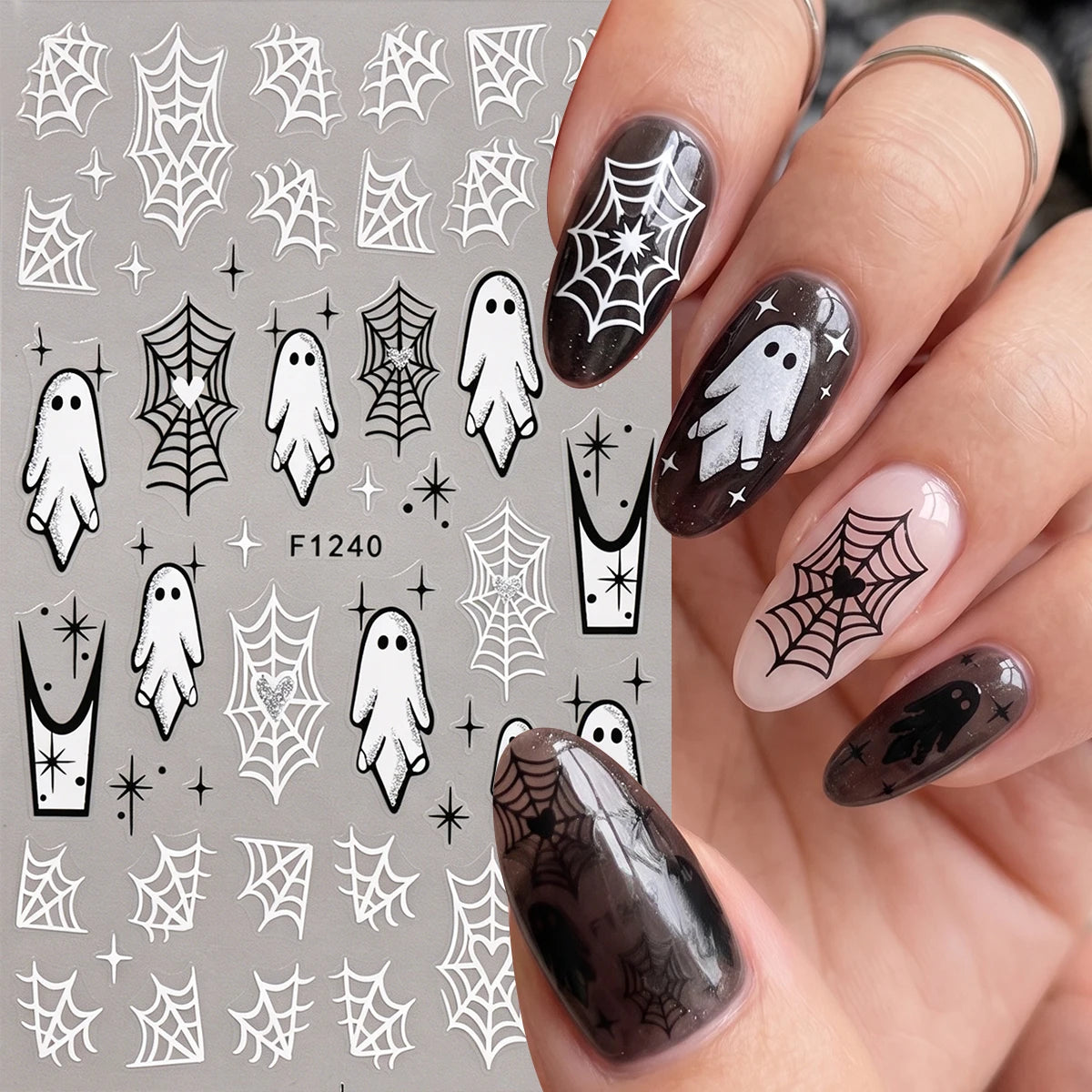 Halloween 1pc Black Gothic Glitter Halloween Nail Art Stickers Silver Y2K Ghost Pumpkin Lips Va