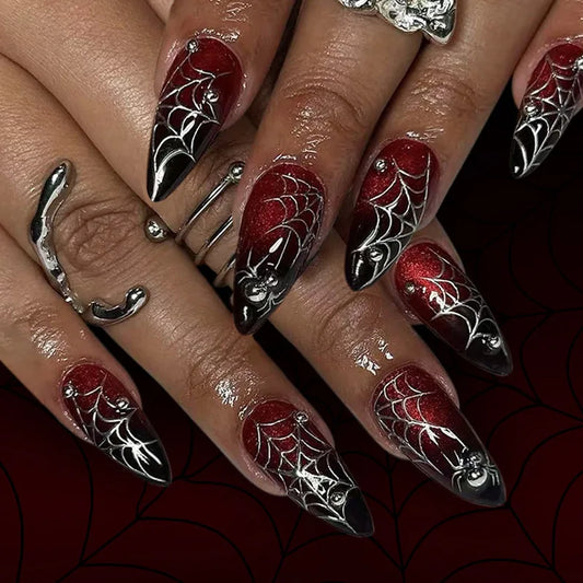 Halloween 24PCS Halloween False Nails Red Gradient Skull Blood Horror Eye Pattern French Press 