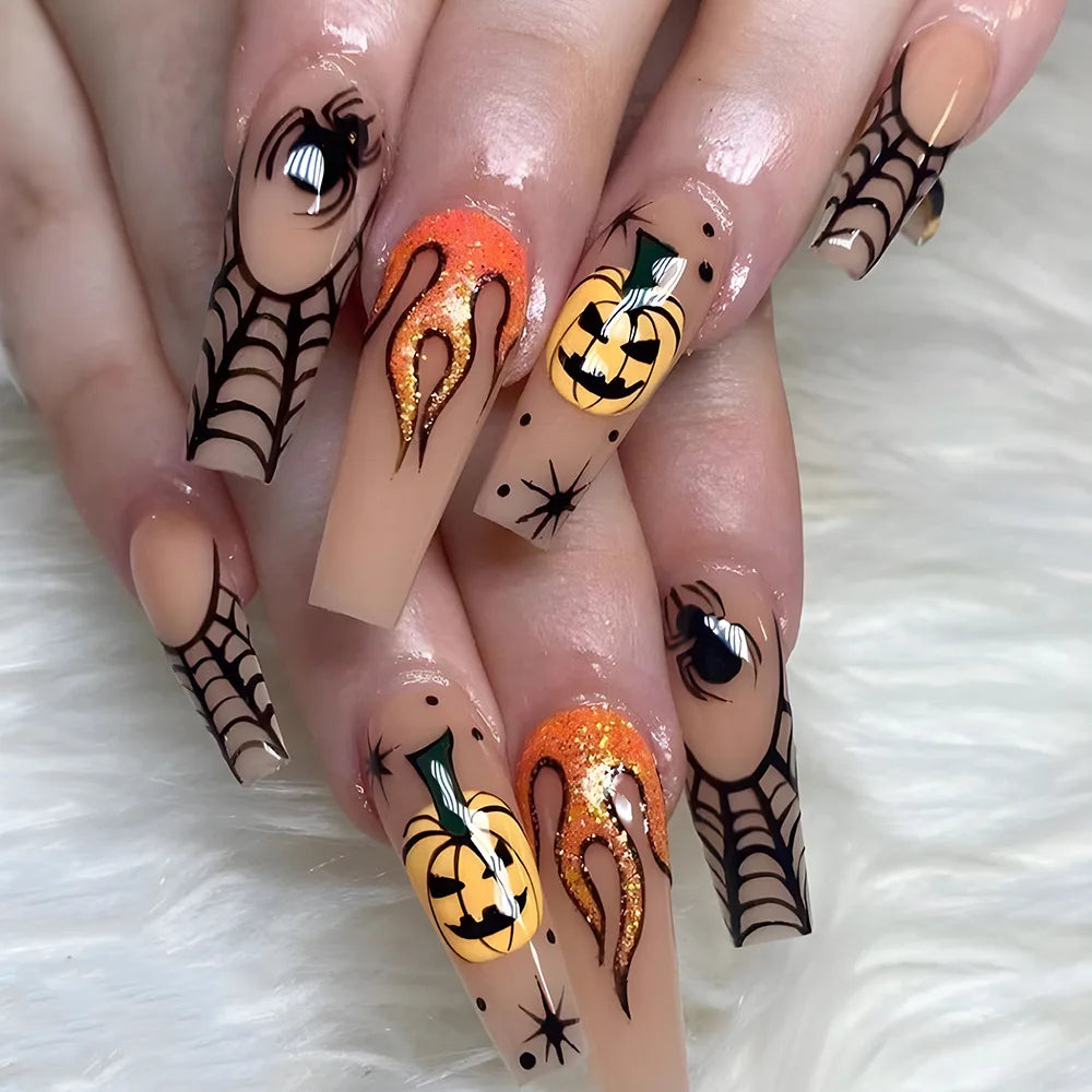 Halloween 24pcs Halloween Press on Nails with Skull Black Spider Wed Design French Fake Nail Pa